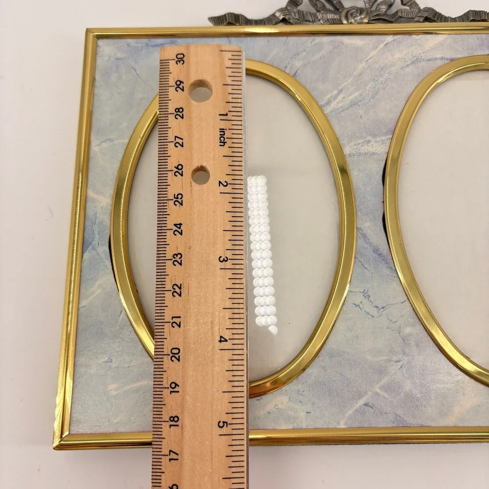 Burnes Vintage Double Picture Frame Marbled Blue Purple Gold‎ Tone Bow Detail